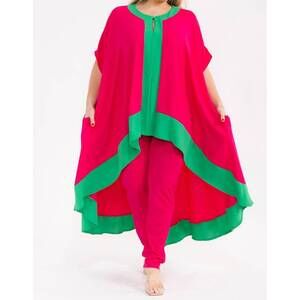 NEW KAREN T DESIGN flowy high-low tunic set in pink/emerald